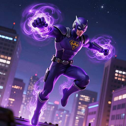 Purple Superhero Leaping Through Neon City
