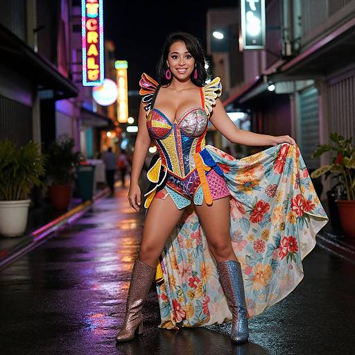 Photograph of a smiling Latina woman with medium skin, black hair, large breasts in a colorful, vibrant, futuristic outfit, holding a floral skirt,