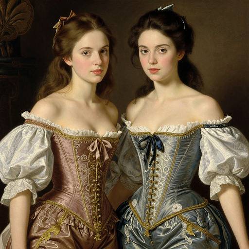 Photorealistic painting of two young women in 18th-century corset dresses, one brown, one blue, with puffed white sleeves, standing