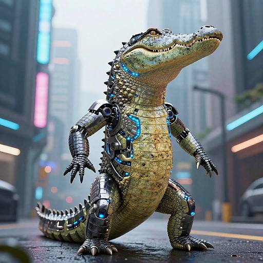 CGI image of a robotic, cybernetic crocodile standing on a neon-lit city street, featuring metallic textures, blue glowing accents, and