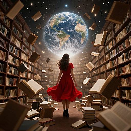 Digital art: Girl in red dress, long hair, standing in a vast book-filled library, facing a floating, illuminated Earth. Books float around her