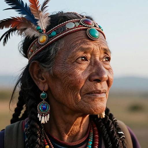 Photograph of an elderly Native American woman with deep wrinkles, braided hair, colorful headband with feathers, turquoise earrings, and necklace, gazing