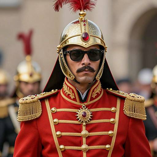 Man in Ornate Red and Gold Military Uniform
