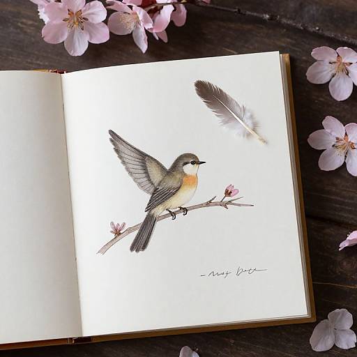 Photograph of an open artbook with a detailed, colored bird illustration on white paper, surrounded by pink cherry blossoms on a dark wooden surface.