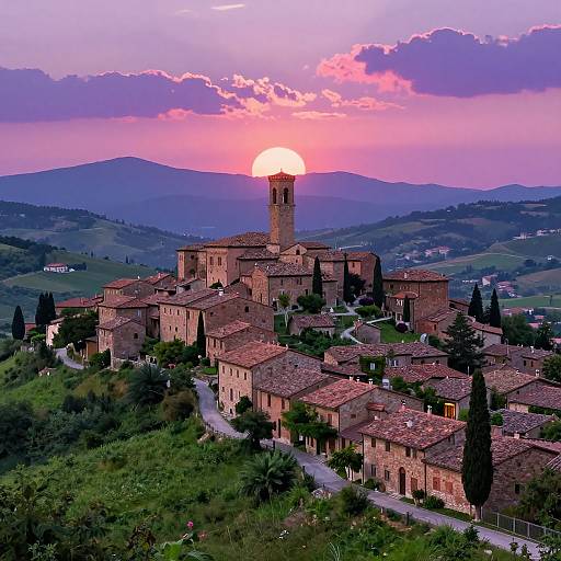 Photograph of a medieval Italian hilltop town with red-tiled roofs, central tower, and lush greenery, set against a vibrant pink and purple