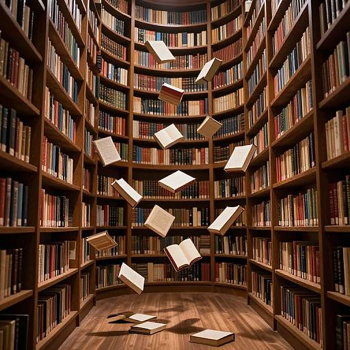 Photograph of a curved library with wooden shelves filled with colorful books, illuminated by floating white book covers mid-air.