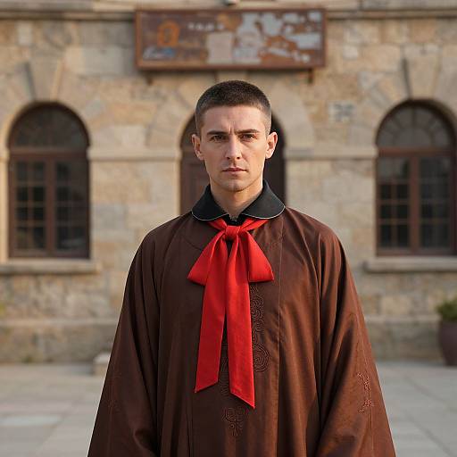 Photograph of a serious, short-haired man in a brown robe with a red tie, standing in front of a stone building with arched windows and