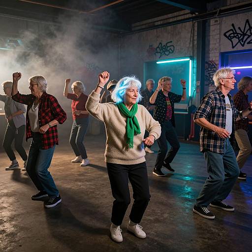 Elderly Rave Dance in Neon Warehouse
