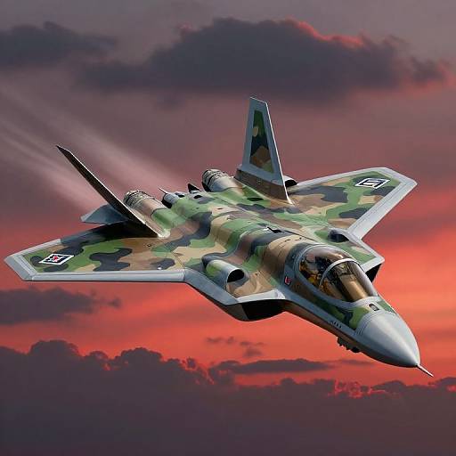 Photograph of a camouflaged, twin-engine fighter jet soaring against a dramatic red and purple sunset sky, with streaks of white smoke trailing behind