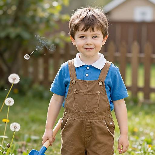 Photograph of a smiling young boy with brown hair, wearing brown overalls and blue shirt, holding a trowel, standing in a sunlit
