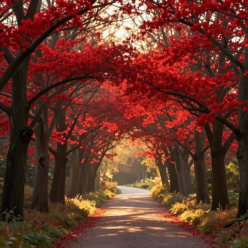Photograph of a sunlit path lined with tall trees, vibrant red leaves arching overhead, and golden sunlight filtering through, creating a warm, autumn