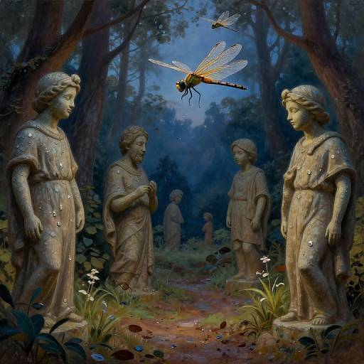 Digital painting of four stone angels in a dark forest, surrounded by glowing fireflies, with a dragonfly above them.