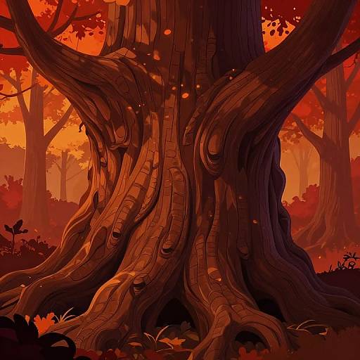 Digital illustration of a massive, twisted tree with gnarled roots in a vibrant, fiery red-orange autumn forest, surrounded by glowing leaves and silhou