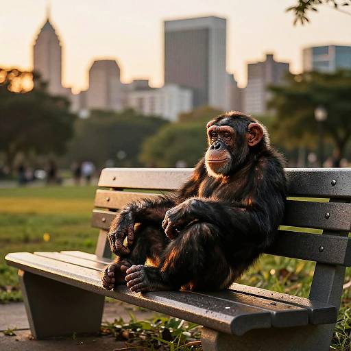 Photograph of a black-furred baby chimpanzee sitting alone on a wooden bench in a city park, with blurred skyscrapers and sunset in the