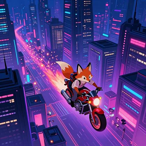 Digital art: Anthropomorphic fox in red motorcycle suit, riding a red motorcycle, speeding through a neon-lit, futuristic city street at night.