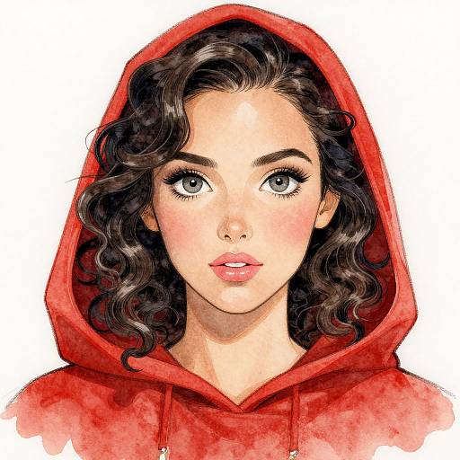 Watercolor Portrait of Woman in Red Hood