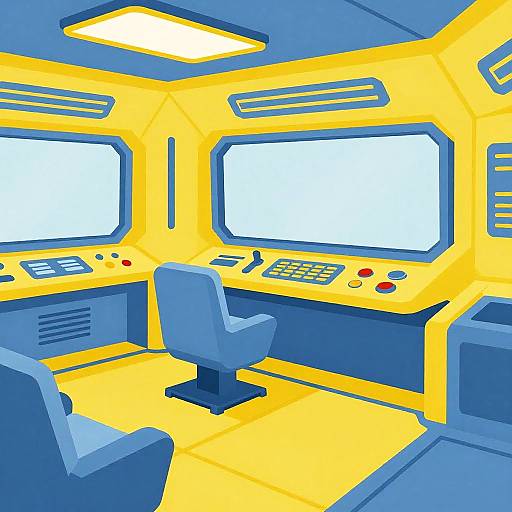 Pixel art of a bright yellow cockpit with blue accents, featuring two large screens, a central chair, control panels, and buttons.