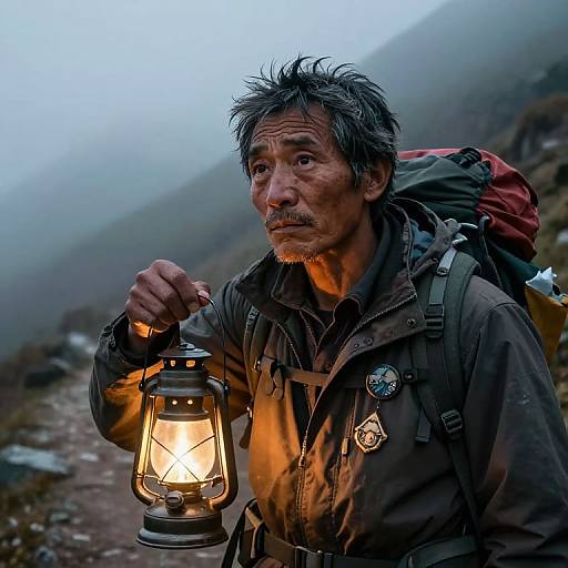 Photograph of a rugged, middle-aged Asian man with disheveled black hair, holding a glowing lantern, wearing a brown jacket and backpack, standing