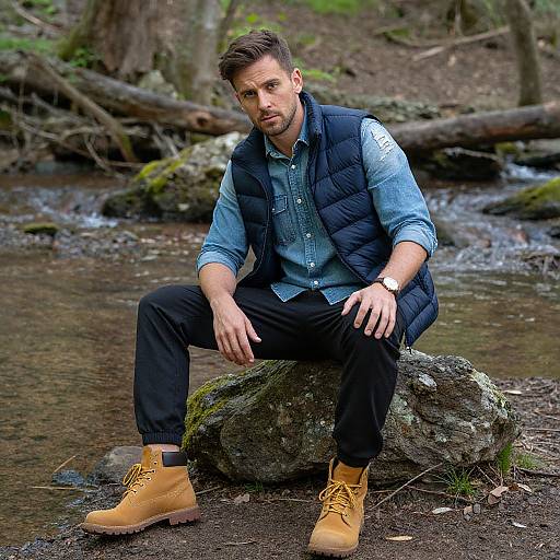 Photograph of a bearded man with short brown hair, wearing a blue shirt, black pants, tan boots, and navy vest, sitting on a