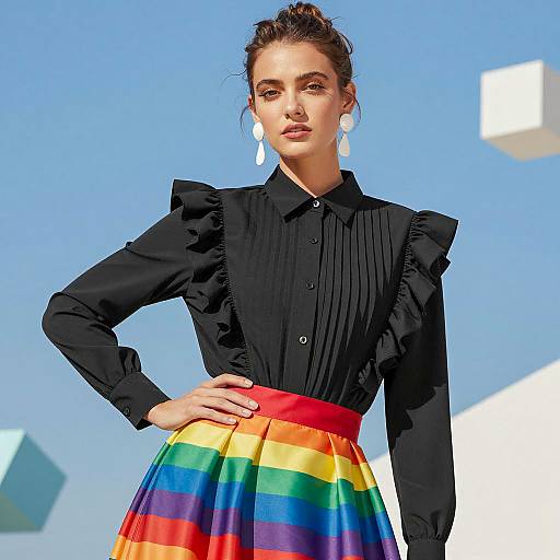 Woman in Black Blouse and Rainbow Skirt