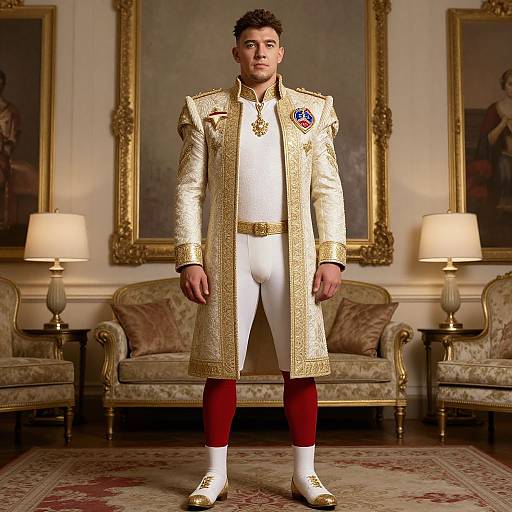 Photograph of a young man in an ornate, gold and white military-style coat, white pants, red leggings, and white shoes, standing in