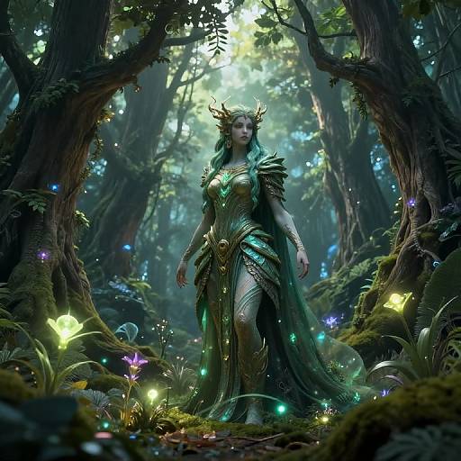 Digital fantasy artwork of an ethereal, green-haired queen with golden crown and ornate armor, standing in a glowing forest illuminated by bioluminescent