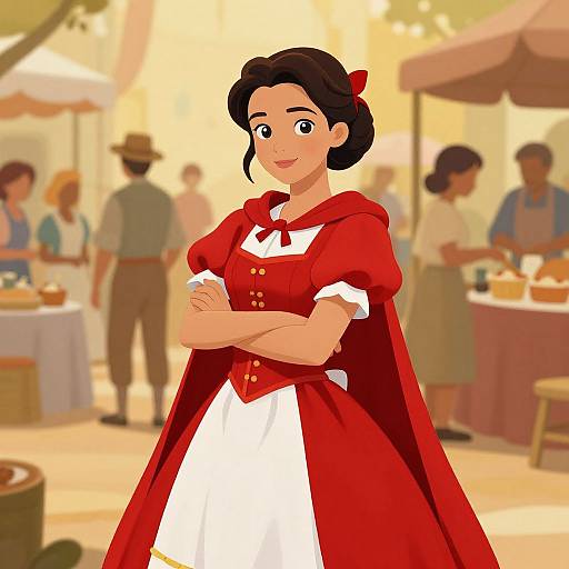 Digital animation of a smiling young woman with dark hair in a red and white medieval-style dress, standing with arms crossed in a sunlit market with blurred