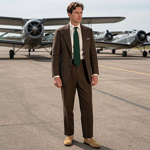 Photograph of a serious, handsome man in a brown suit, white shirt, green tie, and tan shoes, standing on an airport tarmac with