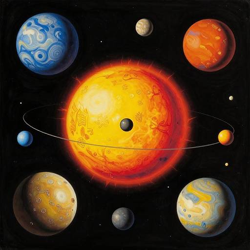 Digital illustration of the solar system: bright, fiery sun with solar flares at center, surrounded by colorful planets with varied textures and sizes, orbiting