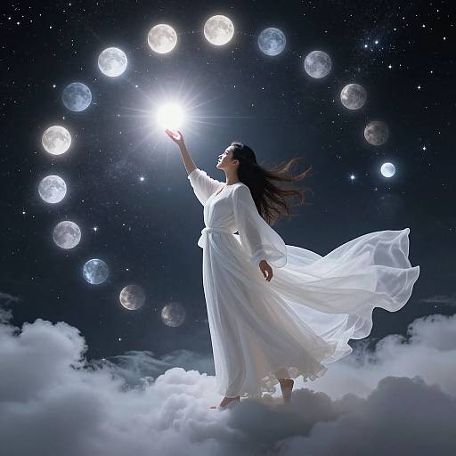 Photograph of a woman in a flowing white dress, standing on a cloud, touching a glowing moon, surrounded by luminous moons in a starry