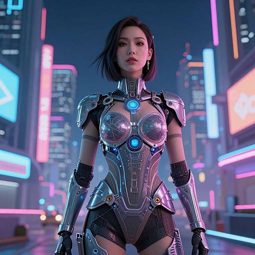 CGI image of an Asian woman in futuristic, metallic armor with glowing blue accents, standing in a neon-lit, cyberpunk cityscape.