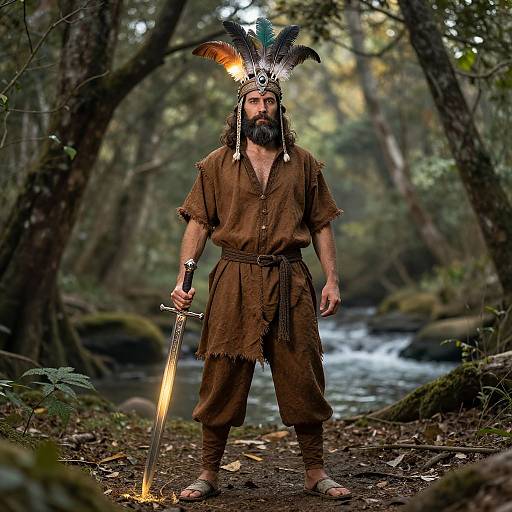 Photograph of a bearded man in brown tribal attire with feathered headdress, standing in forest, holding glowing sword, beside flowing stream.