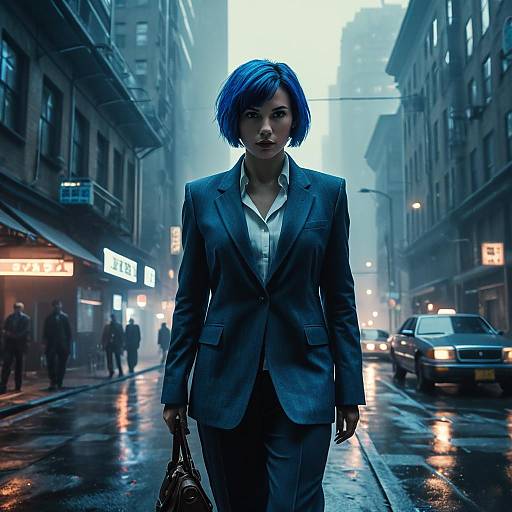 Foggy Cyberpunk Detective with Blue Hair