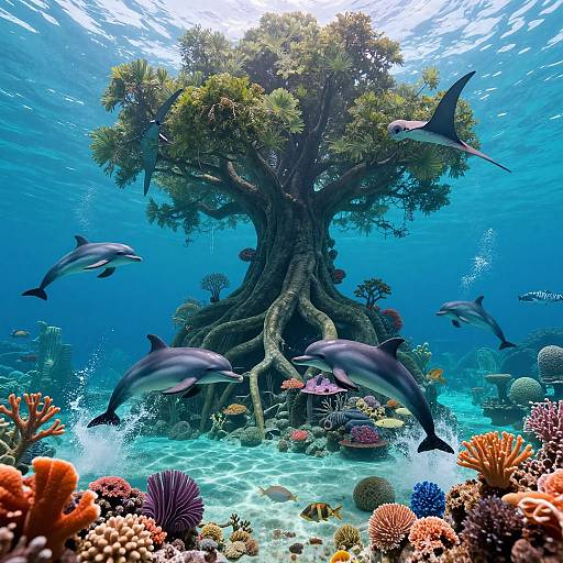 Photograph of an underwater scene featuring a majestic, tree-like coral formation with dolphins swimming around, surrounded by colorful coral reefs.
