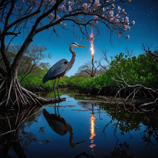 Blue Heron in Tranquil Mangrove Marsh at Night