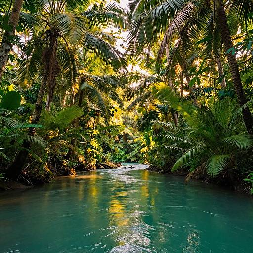 Sunlit Tropical Rainforest with River