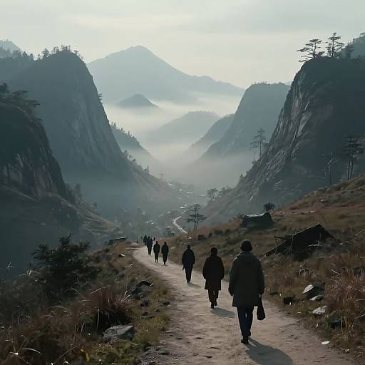 Photograph of a misty mountain path with silhouetted hikers, rugged cliffs, sparse trees, and a winding stream leading to distant fog