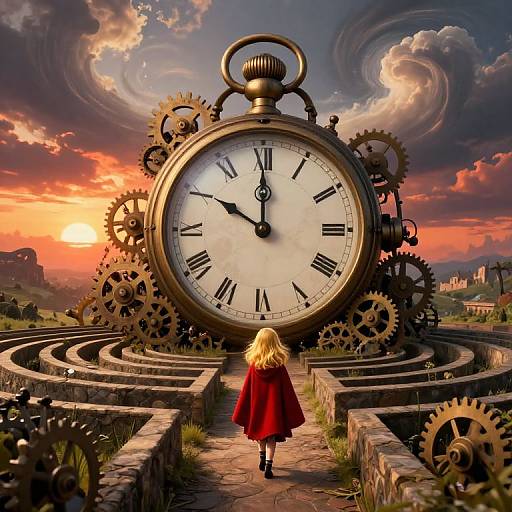 Digital artwork: Blonde girl in red dress faces giant clock with gears, set on stone pathway, sunset sky, swirling clouds.
