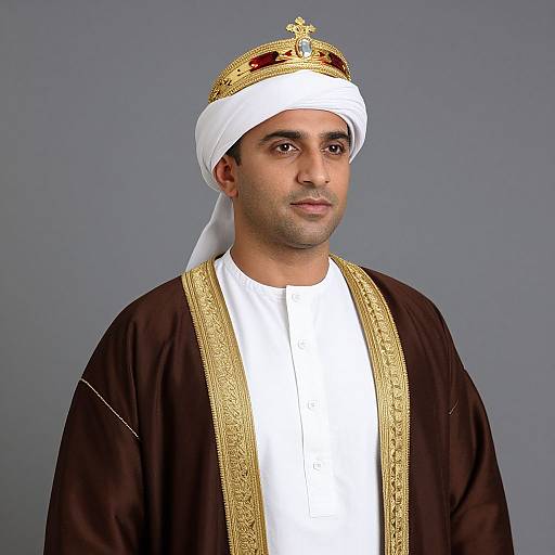Photograph of a Middle Eastern man in traditional attire: white headscarf, gold-embroidered brown robe, white shirt, and gold crown