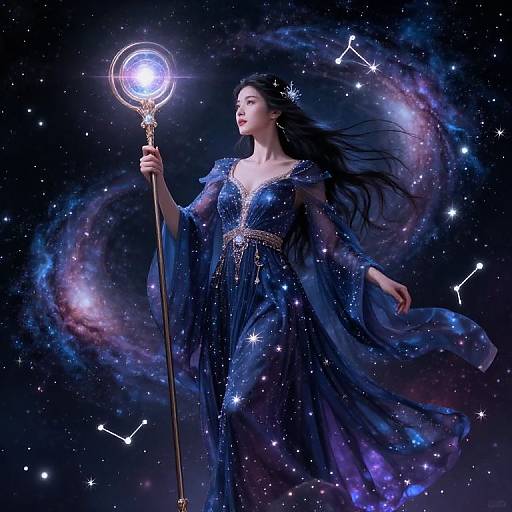 Magical woman in starry night gown, holding glowing staff, surrounded by swirling galaxies and constellations, illuminated against dark space.