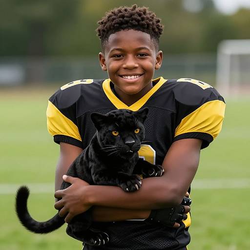 Young Football Player Hugging Black Panther Mascot