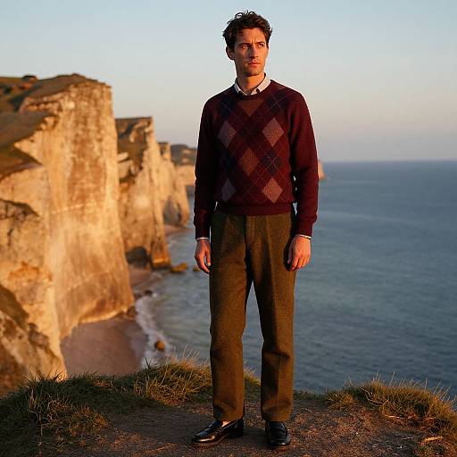 Man in Burgundy Argyle Sweater at Sunset