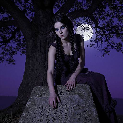 Gothic woman with long black hair, pale skin, and dark dress, sits on a tombstone under a moonlit tree at night. Phot