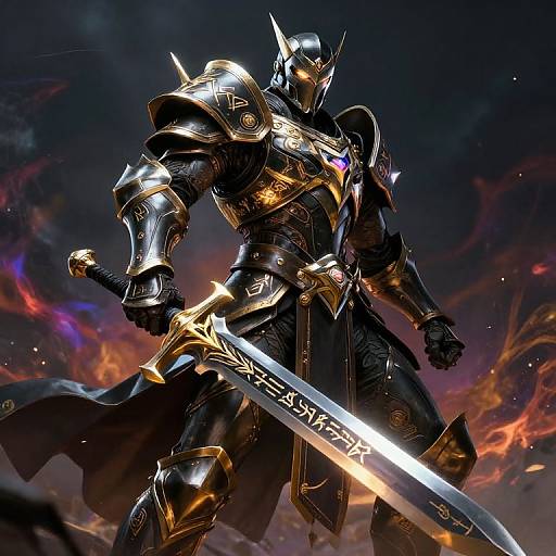Digital art of a knight in shining, ornate gold and black armor, wielding a glowing sword with intricate runes, standing against a fiery, dark sky