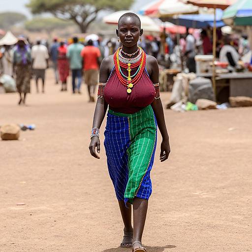 Photograph of a dark-skinned African woman with shaved head, wearing a red top, multicolored blue-green wrap, and colorful beads, walking