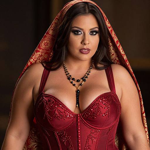 Photograph of a dark-haired woman with medium skin tone, wearing a red, beaded corset, black bead necklace, and red patterned veil