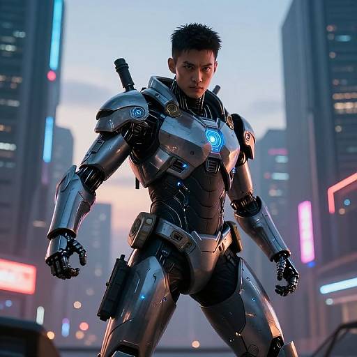 CGI image of an Asian man with short black hair, wearing a futuristic, silver and black armored suit with a glowing blue chest emblem, standing in