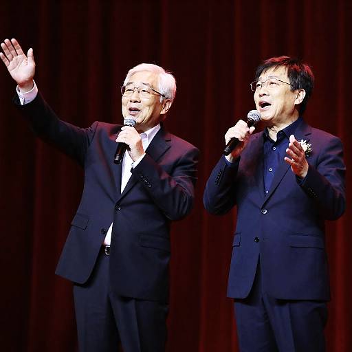 Duet Performance on Stage with Red Curtain