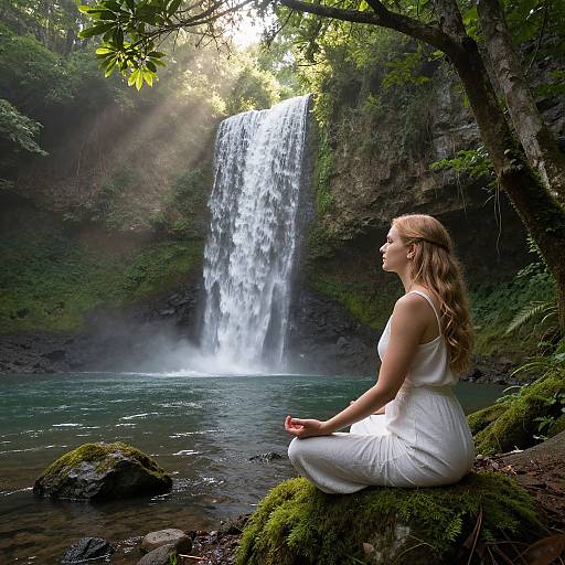 Photograph of a blonde woman in a white dress meditating on a mossy rock beside a serene forest waterfall. Sunlight filters through trees, illumin
