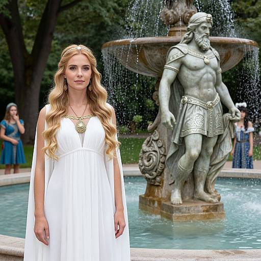 Photograph of a blonde woman in a white gown standing before a classical fountain statue, with other women in dresses in the background.
